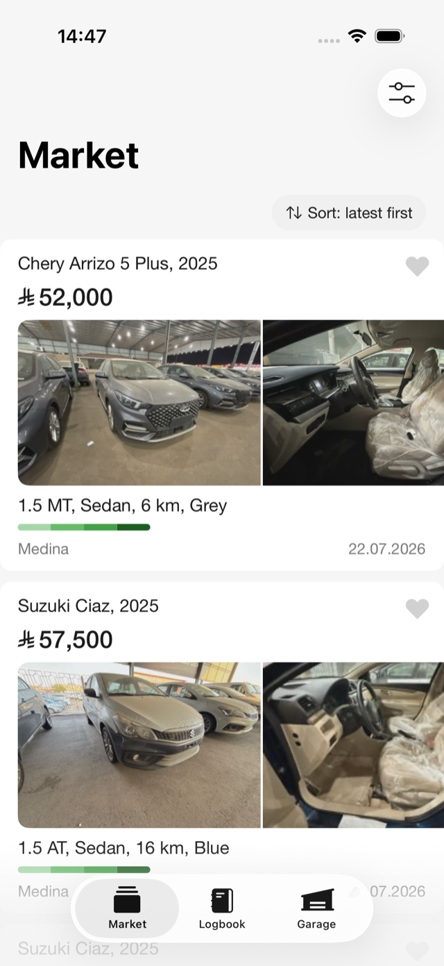 The Market feed and a lot page in the Karaji app